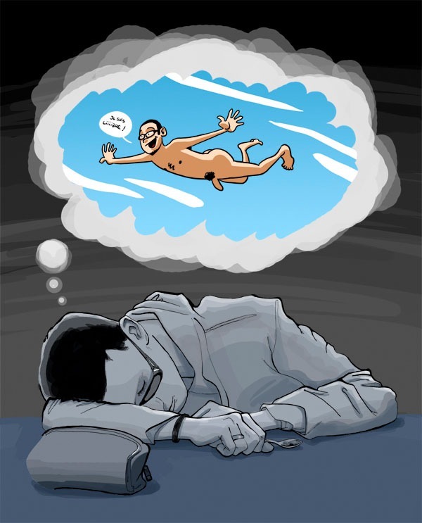 Kreslená postava spícího muže, který sní